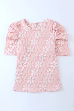 粉色花卉蕾丝褶饰泡泡袖上衣