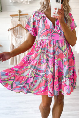 粉色抽象几何印花流苏领带喇叭连衣裙