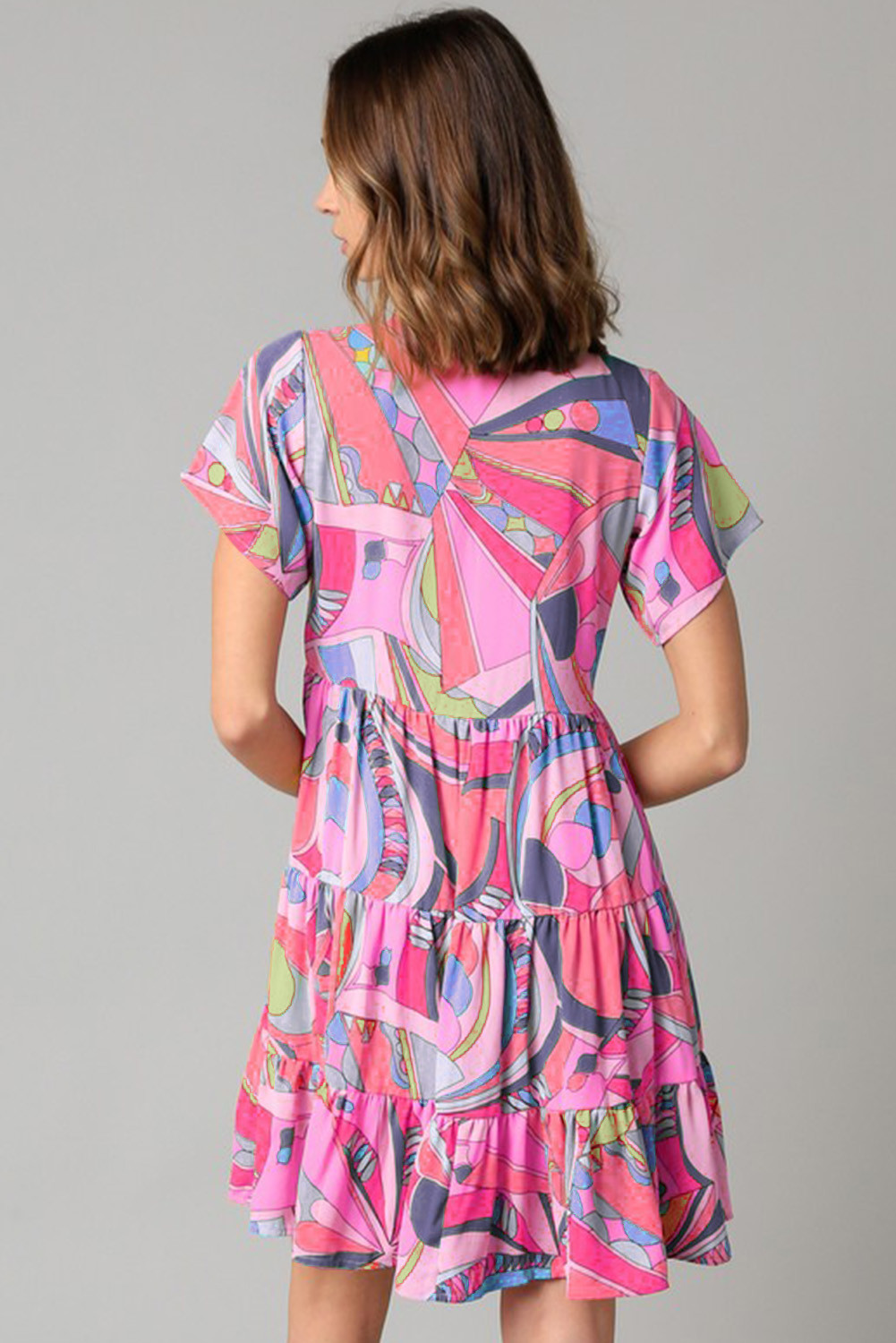 粉色抽象几何印花流苏领带喇叭连衣裙 LC6115741