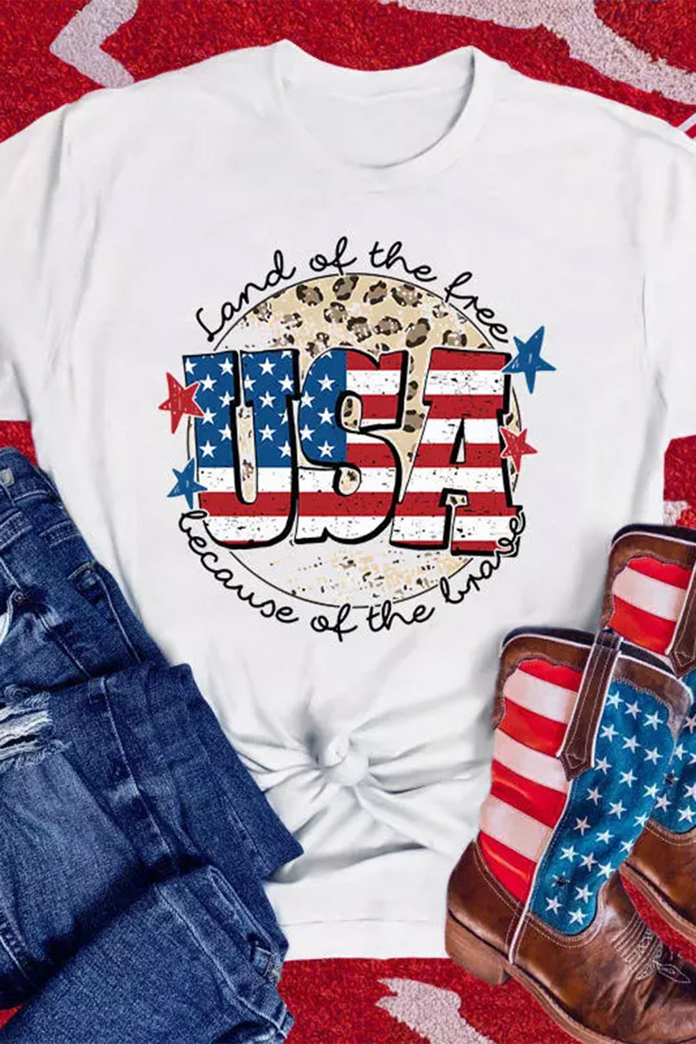 白色美国国旗标语图案印花短袖 T 恤 LC25221420