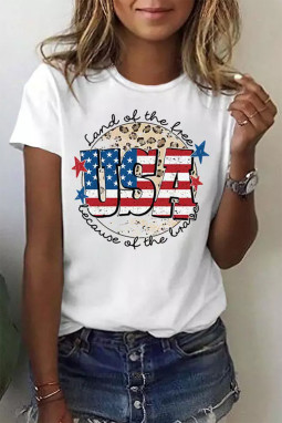 白色美国国旗标语图案印花短袖 T 恤
