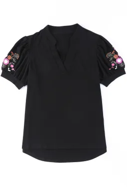 黑色花卉刺绣袖缺口领上衣