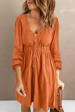 橙色系扣高腰长袖连衣裙