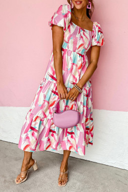 粉色时尚印花皱褶荷叶边层叠连衣裙