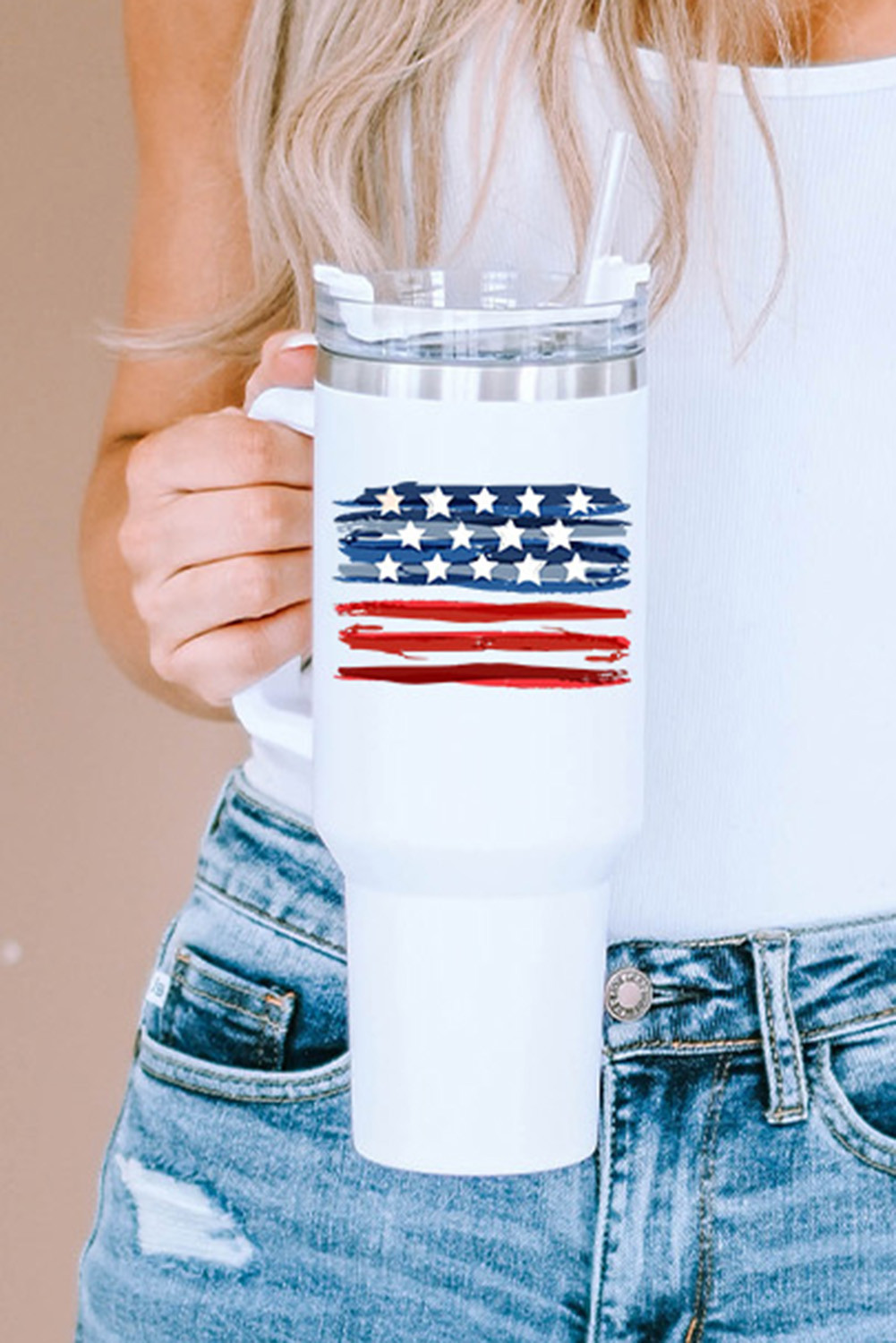 白色美国星条旗印花不锈钢保温杯 BH05454