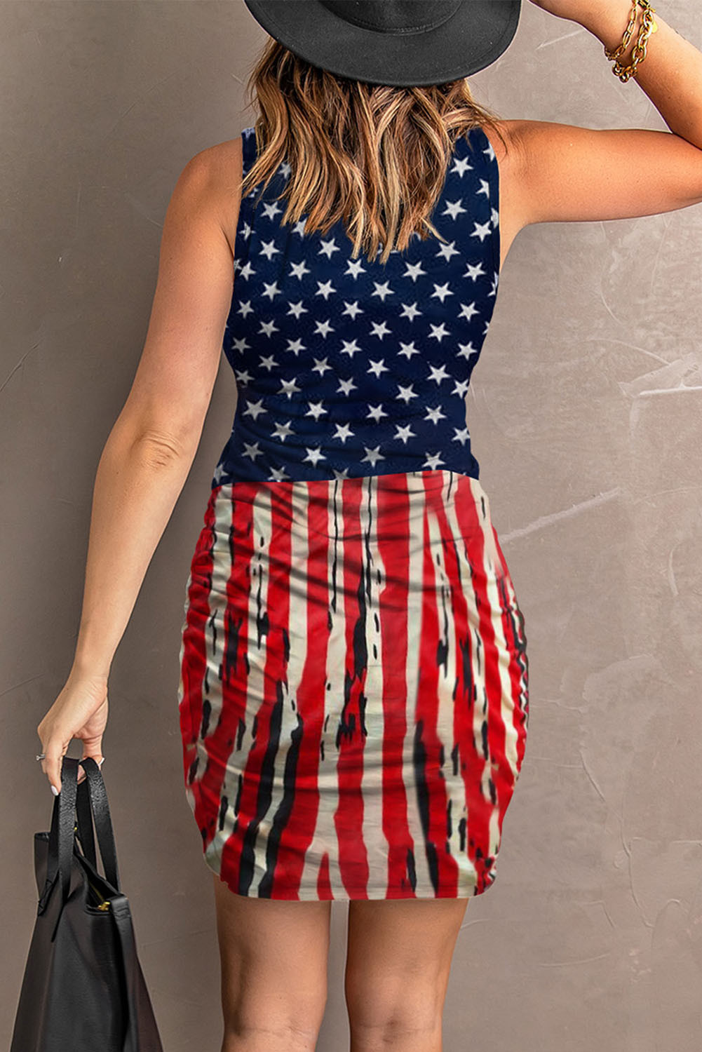 红色星星条纹美国国旗印花裹身无袖连衣裙 LC6114718