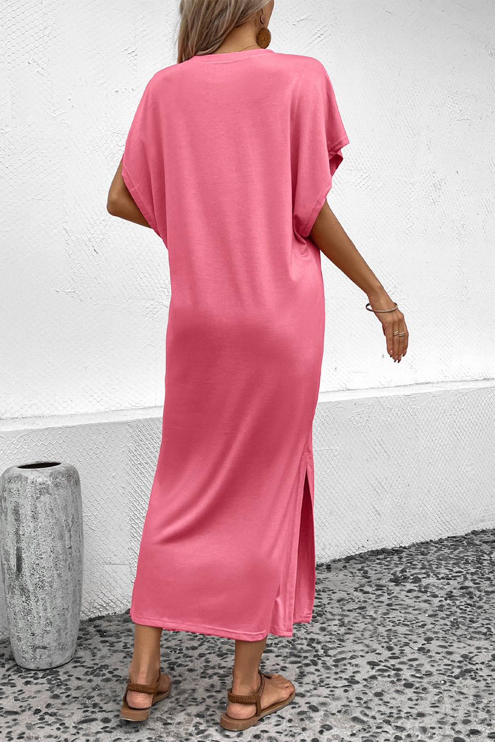 粉色圆领蝙蝠袖 T 恤连衣裙 LC6116004