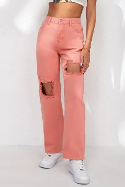 粉色高腰破洞直筒牛仔裤
