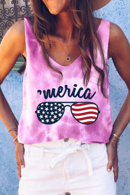 Pink America Flag Sunglass Tie Dye Print V Neck Tank Top