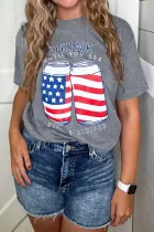 灰色美国国旗标语图案印花短袖 T 恤