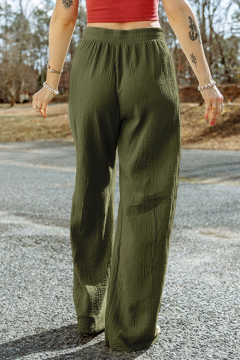 绿色褶皱纹理阔腿裤 LC7711900