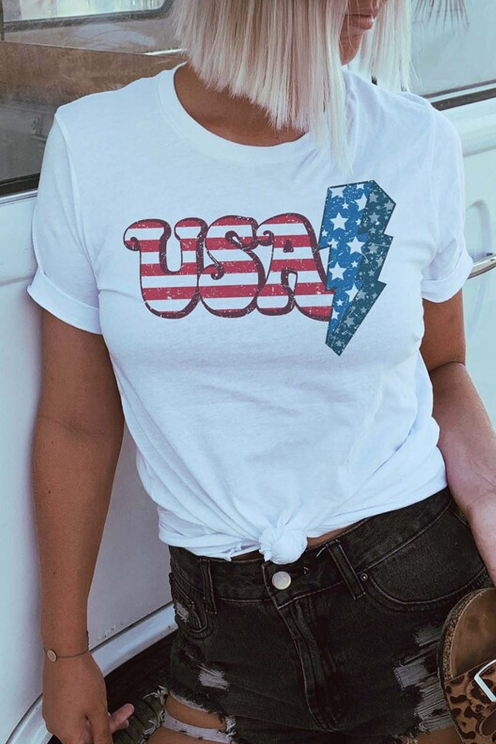 白色美国闪电图案印花短袖 T 恤 LC25221835