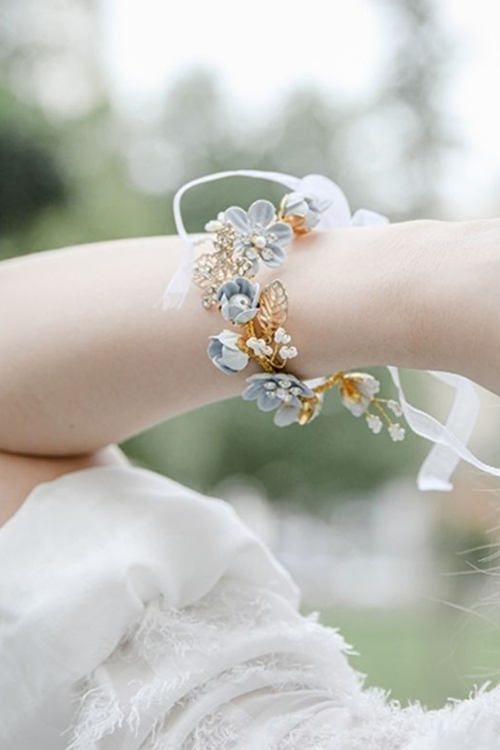 Sky Blue Alloy Flower Ribbon Tie Wedding Bracelet BH012757