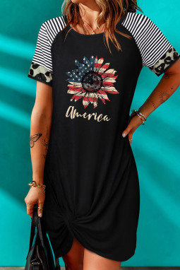 Black American Flag Sunflower Contrast Sleeve Dress