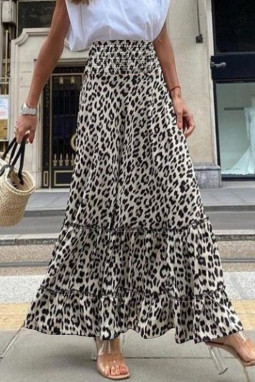 豹纹装饰高腰褶边层叠长裙