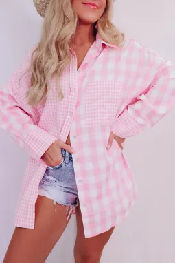 粉色休闲格纹舒适长袖衬衫