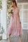 粉色豹纹褶边袖叠层长连衣裙