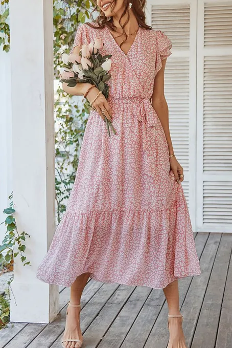 粉色豹纹褶边袖叠层长连衣裙