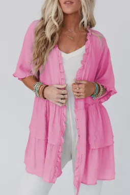 粉色荷叶边半袖开襟和服
