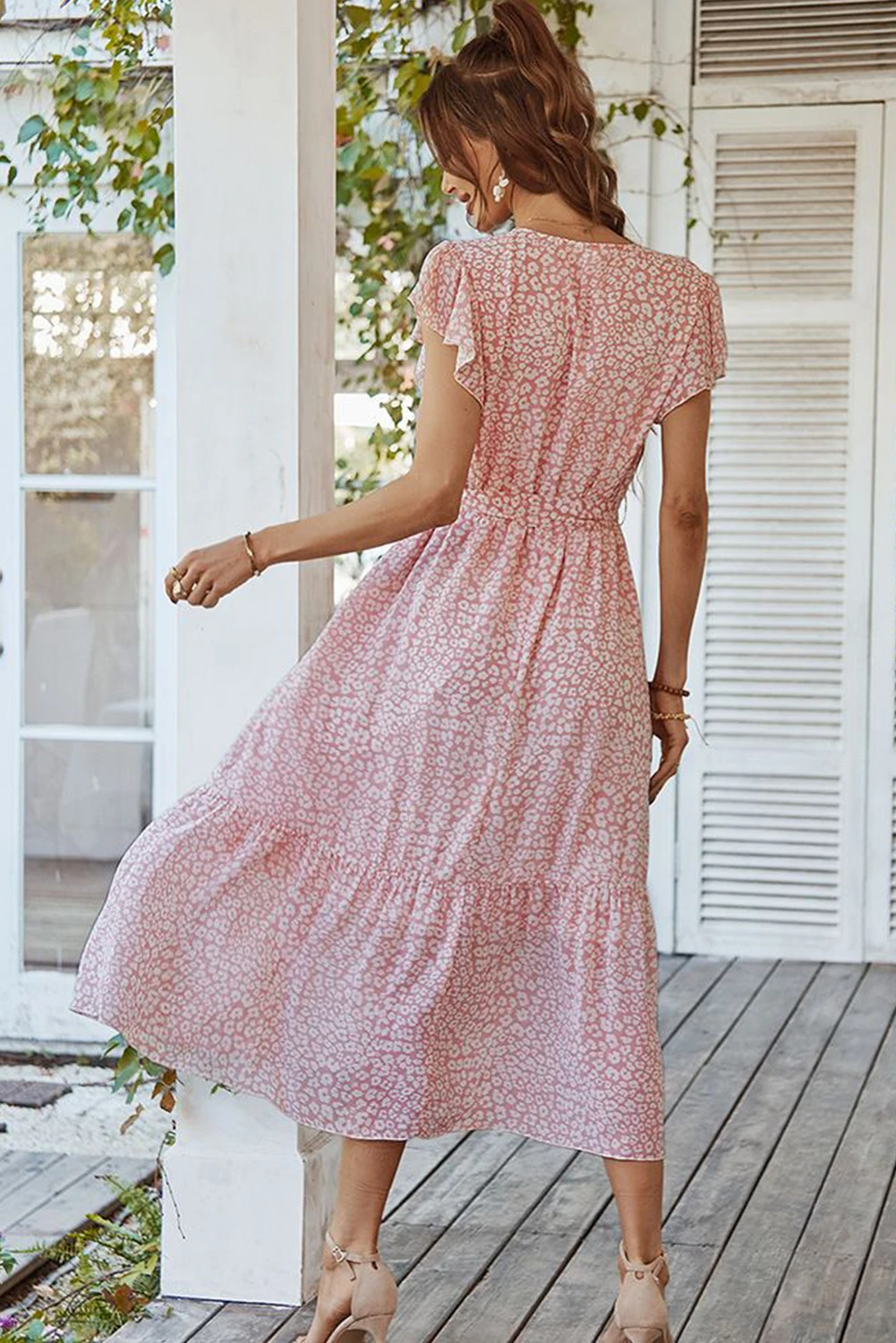 粉色豹纹褶边袖叠层长连衣裙 LC6116734