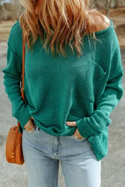 绿色纯色口袋露肩罗纹针织毛衣