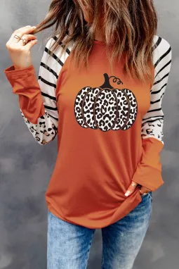 橙色豹纹南瓜条纹长袖图案 T 恤