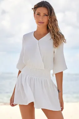 白色 3/4 袖纹理皱褶垂感沙滩裙