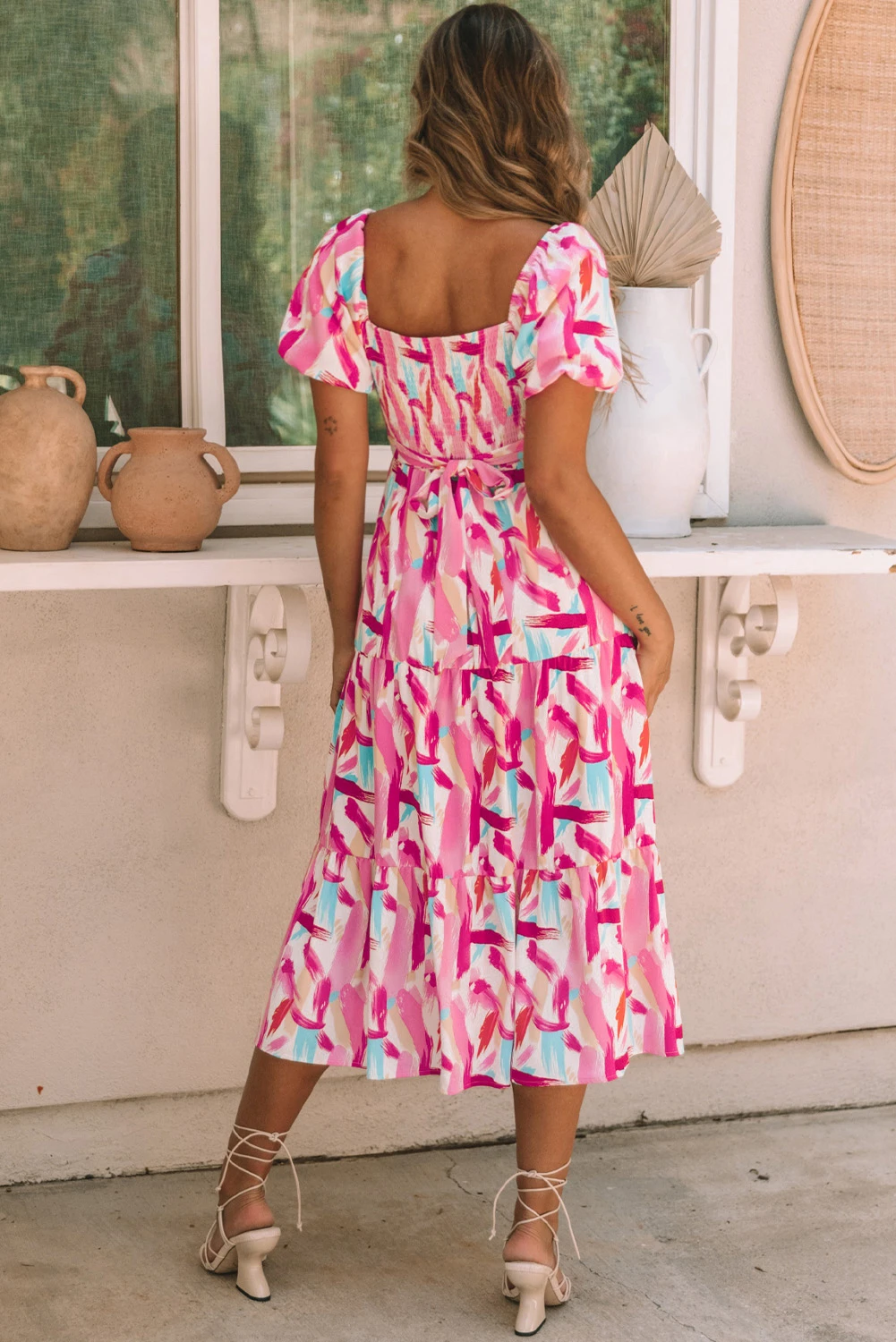 粉色时尚印花皱褶荷叶边层叠连衣裙 LC6115787