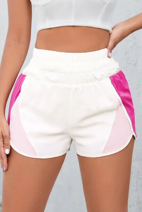粉色拼色开叉高腰短裤