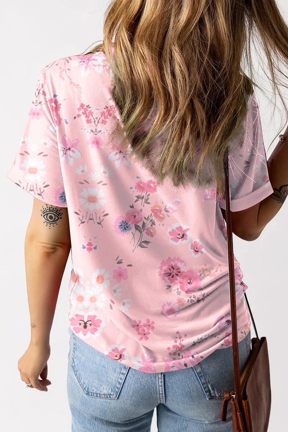 粉色 V 领花卉印花 T 恤 LC25219960