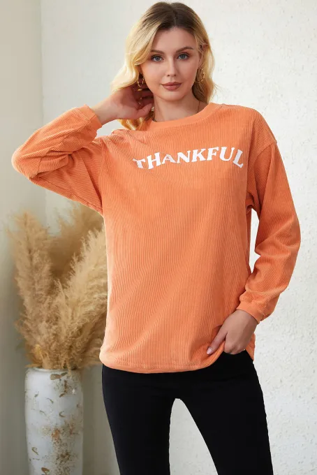 橙色 THANKFUL 时尚休闲字母罗纹宽松套头衫