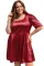 红色大码褶皱泡泡袖合身喇叭形中长连衣裙