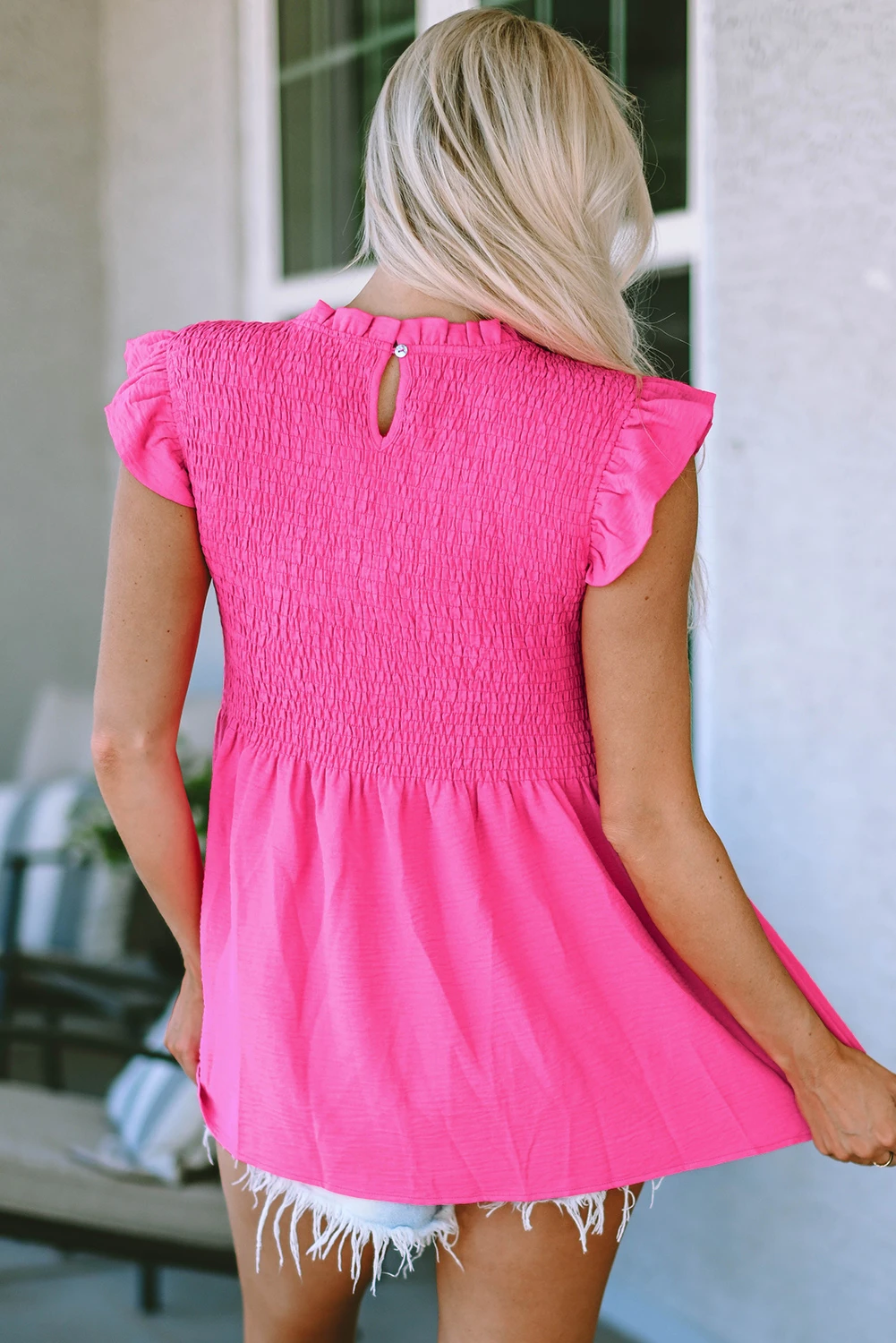 玫粉色抽褶荷叶边袖女式衬衫 LC25120908