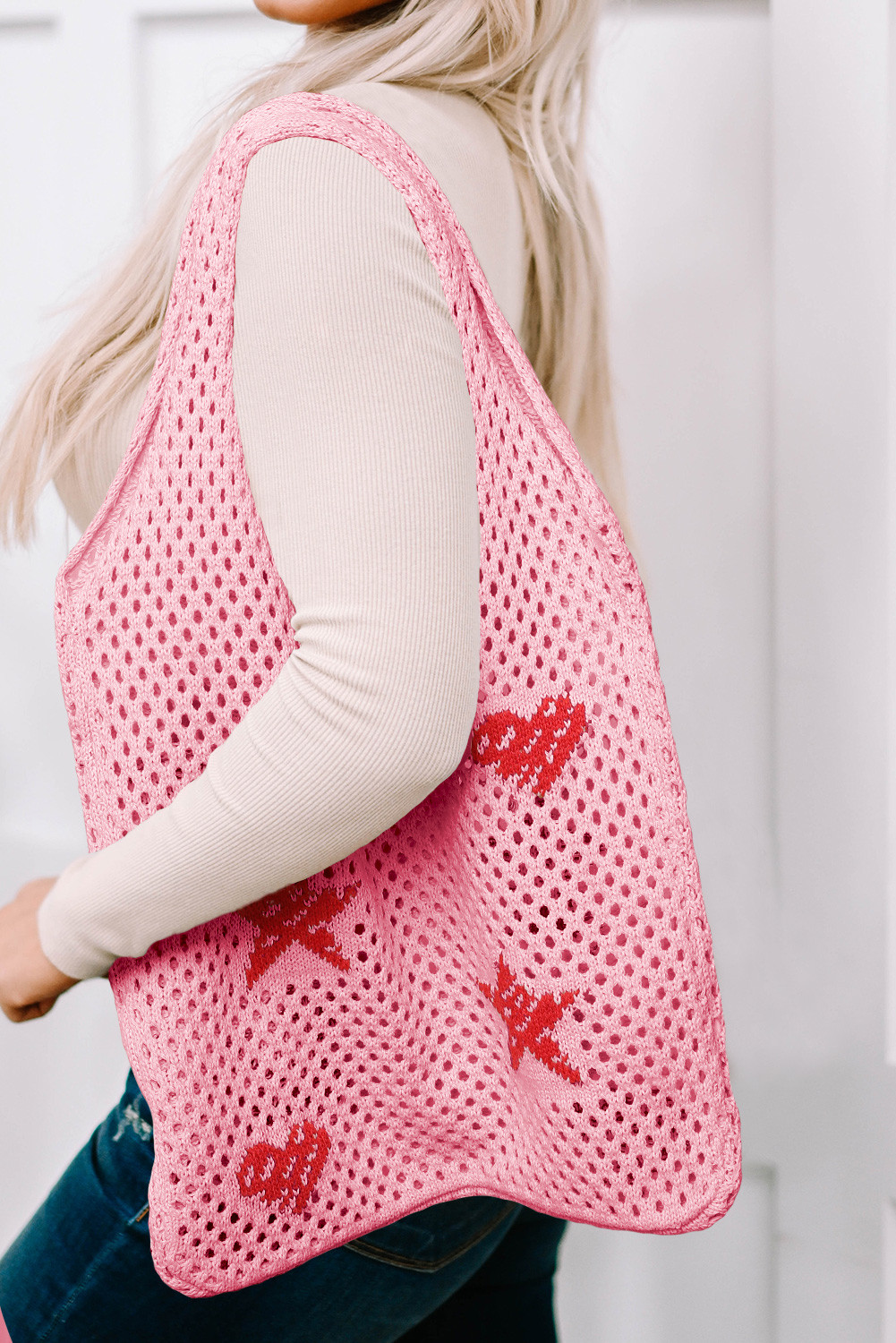 粉色星星心形印花镂空针织单肩包 BH03973