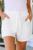 白色华夫格针织系带高腰阔腿休闲短裤