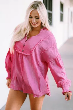 粉色复古褶边泡泡袖衬衫