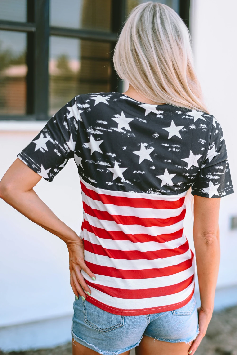 黑色撞色美国国旗镂空 T 恤 LC25215545