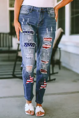 天蓝色星星美国国旗图案女式牛仔裤