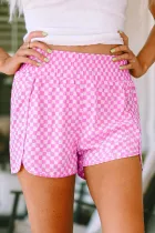 粉色格子高腰运动短裤