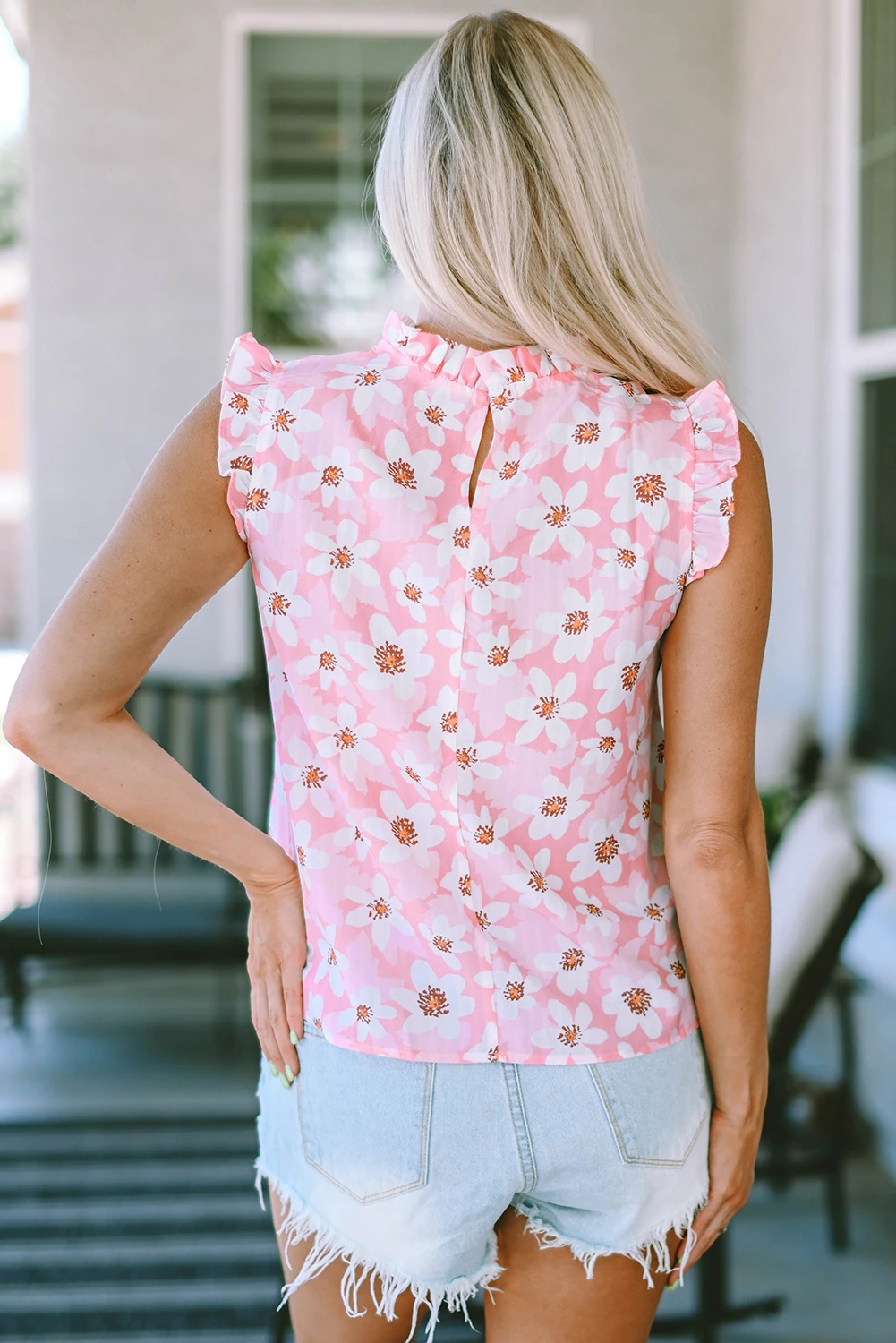 粉色甜美花卉印花荷叶边衬衫 LC25120993