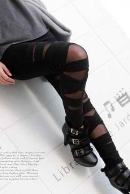 黑色透明网眼交叉带打底裤