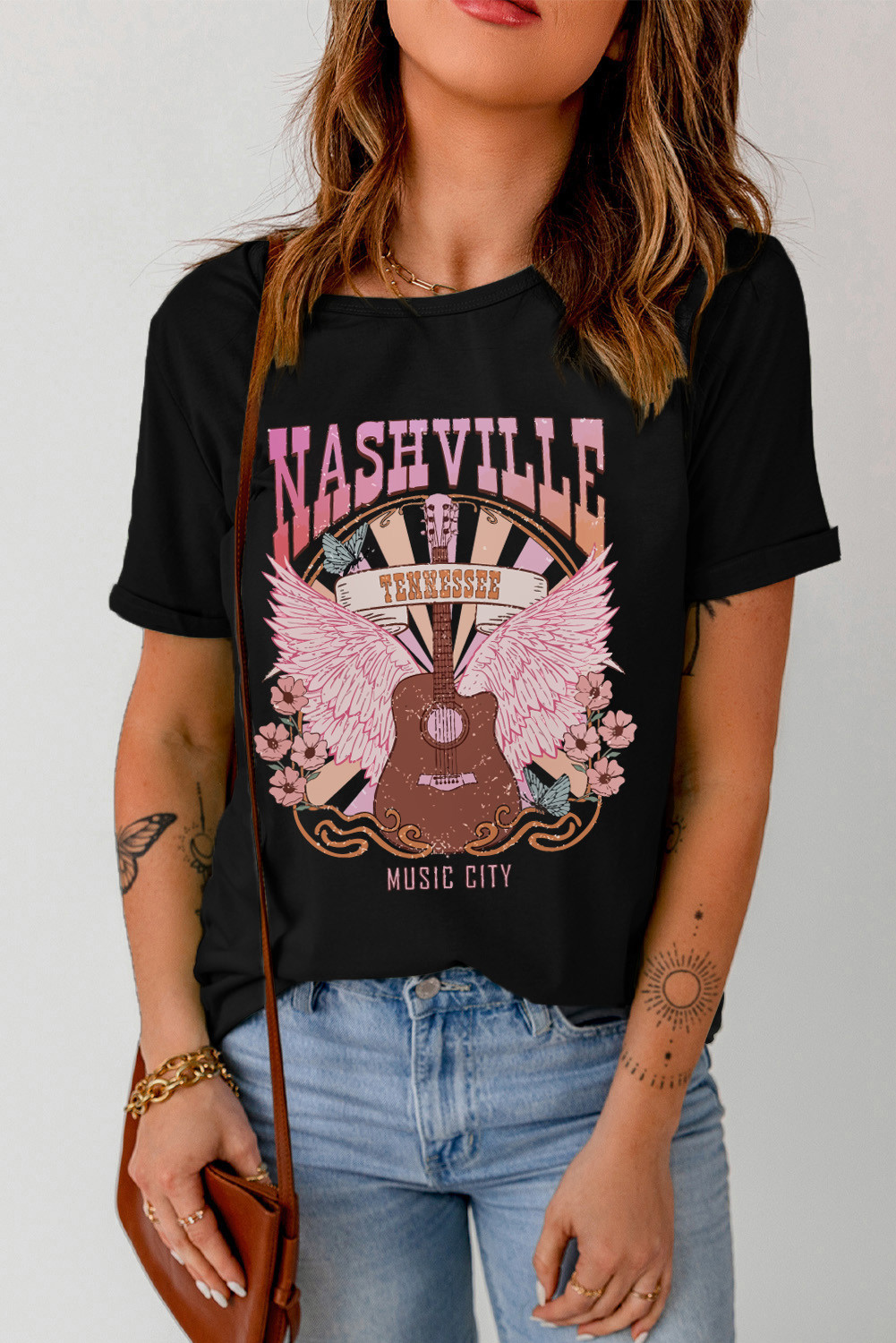黑色 NASHVILLE 音乐城图案印花短袖 T 恤 LC25222308