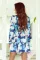 蓝色抽象花卉长袖系带荷叶边连衣裙