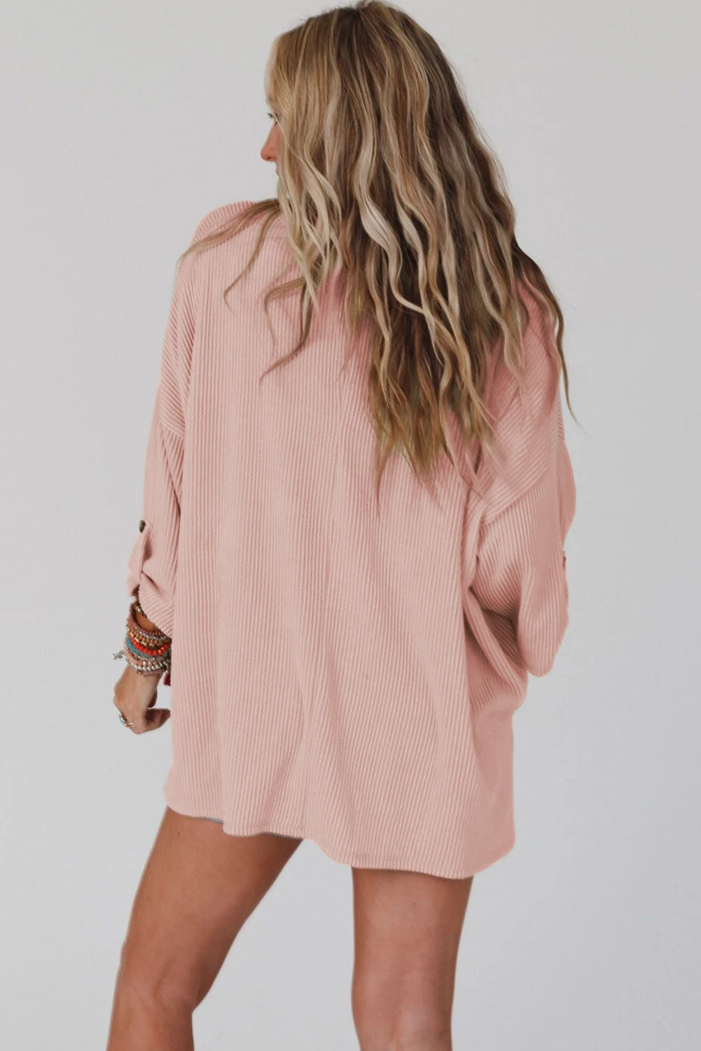 粉色罗纹卷边袖胸袋超大宽松上衣 LC25122091