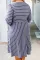 灰色条纹系带腰部 3/4 袖大码连衣裙