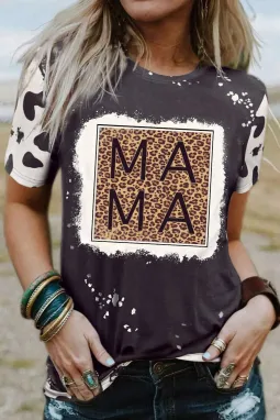 黑色漂白豹纹 MAMA 图案圆领 T 恤