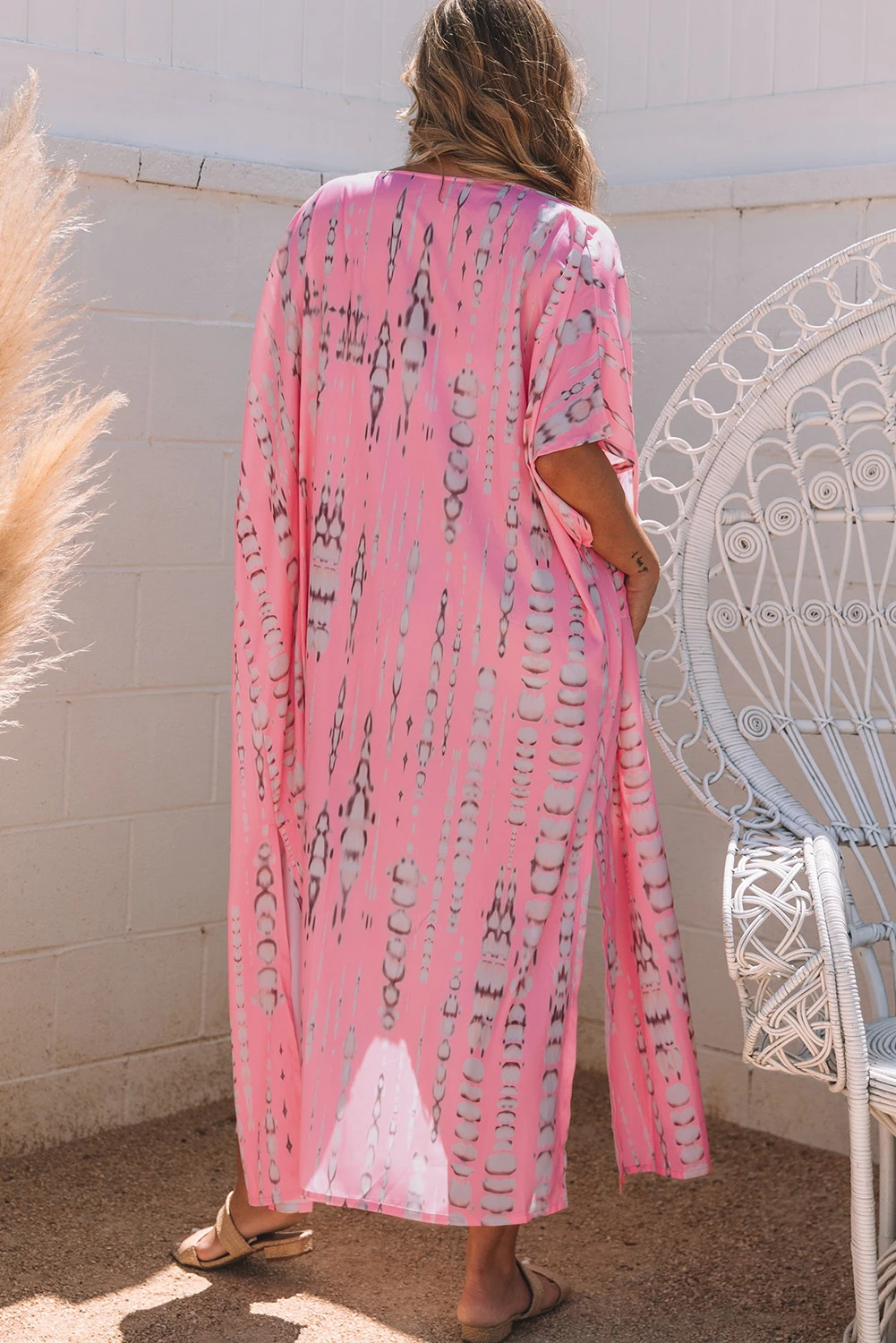 粉色波西米亚扎染大廓形长款和服服 LC2541845