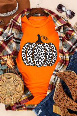 橙色豹纹南瓜图案日常时尚 T 恤