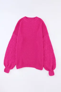 玫红镂空泡泡袖针织毛衣