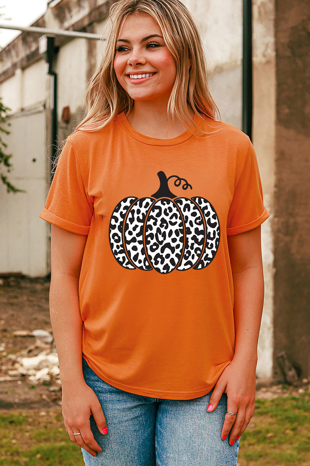 橙色豹纹南瓜图案日常时尚 T 恤 LC25222477
